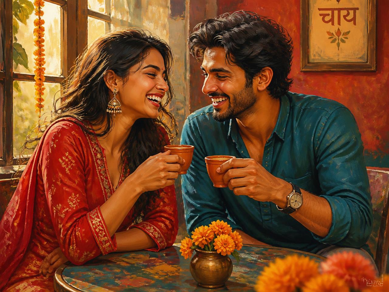 Illustration of a happy couple laughing together over chai at a cosy cafe