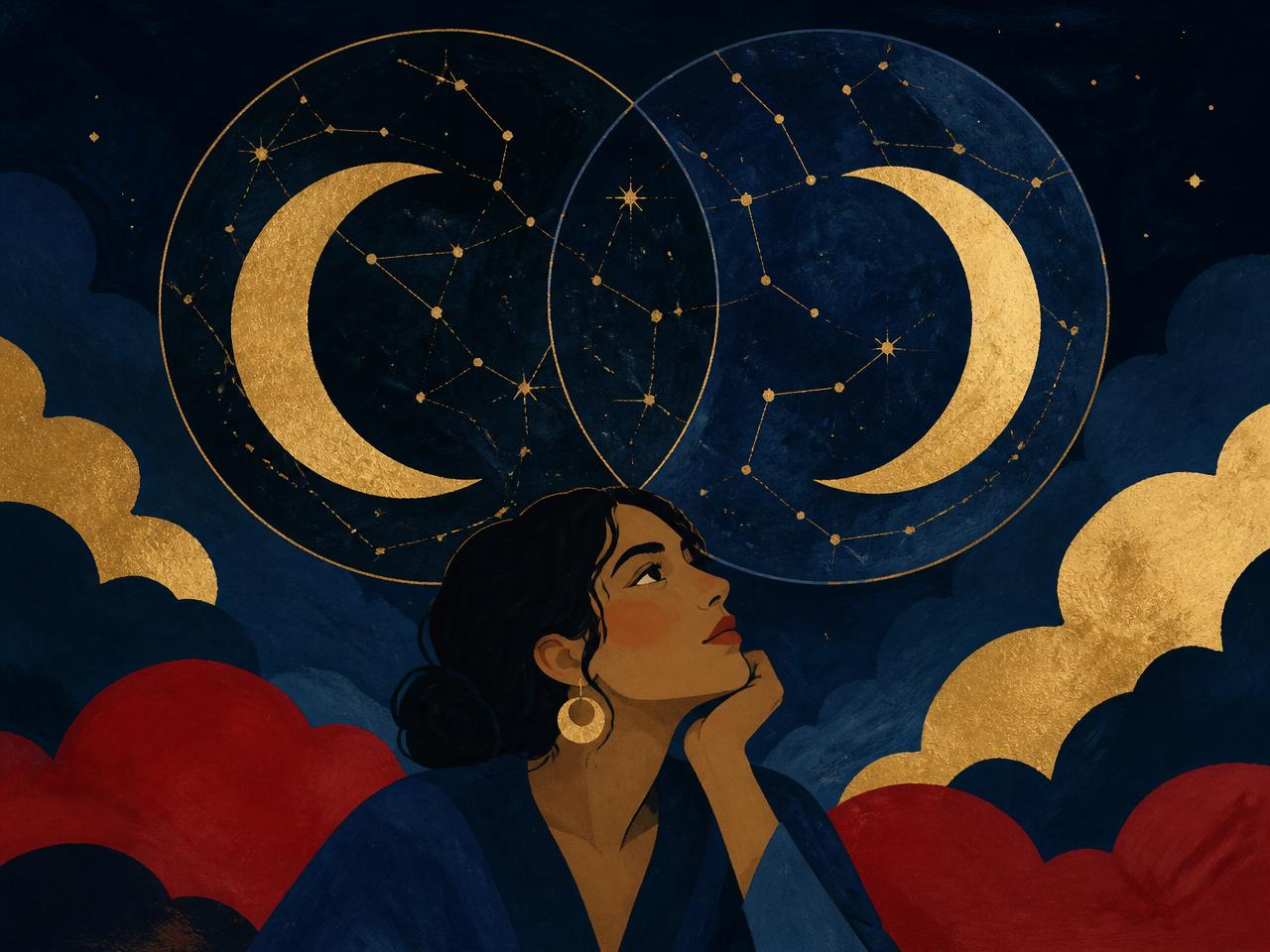 Illustration of two moon charts drifting into alignment