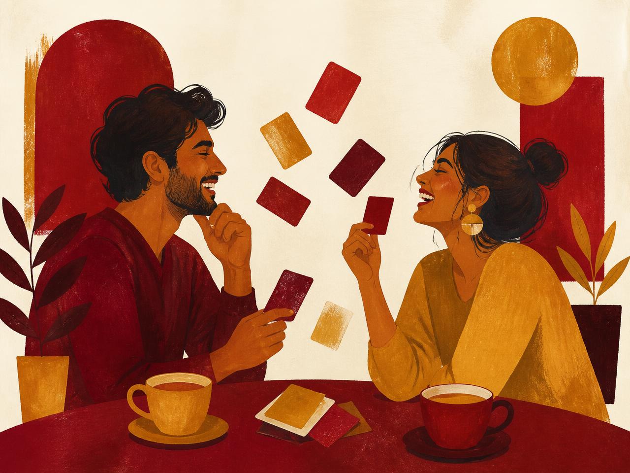 Illustration of a couple playing a light conversation card game over chai