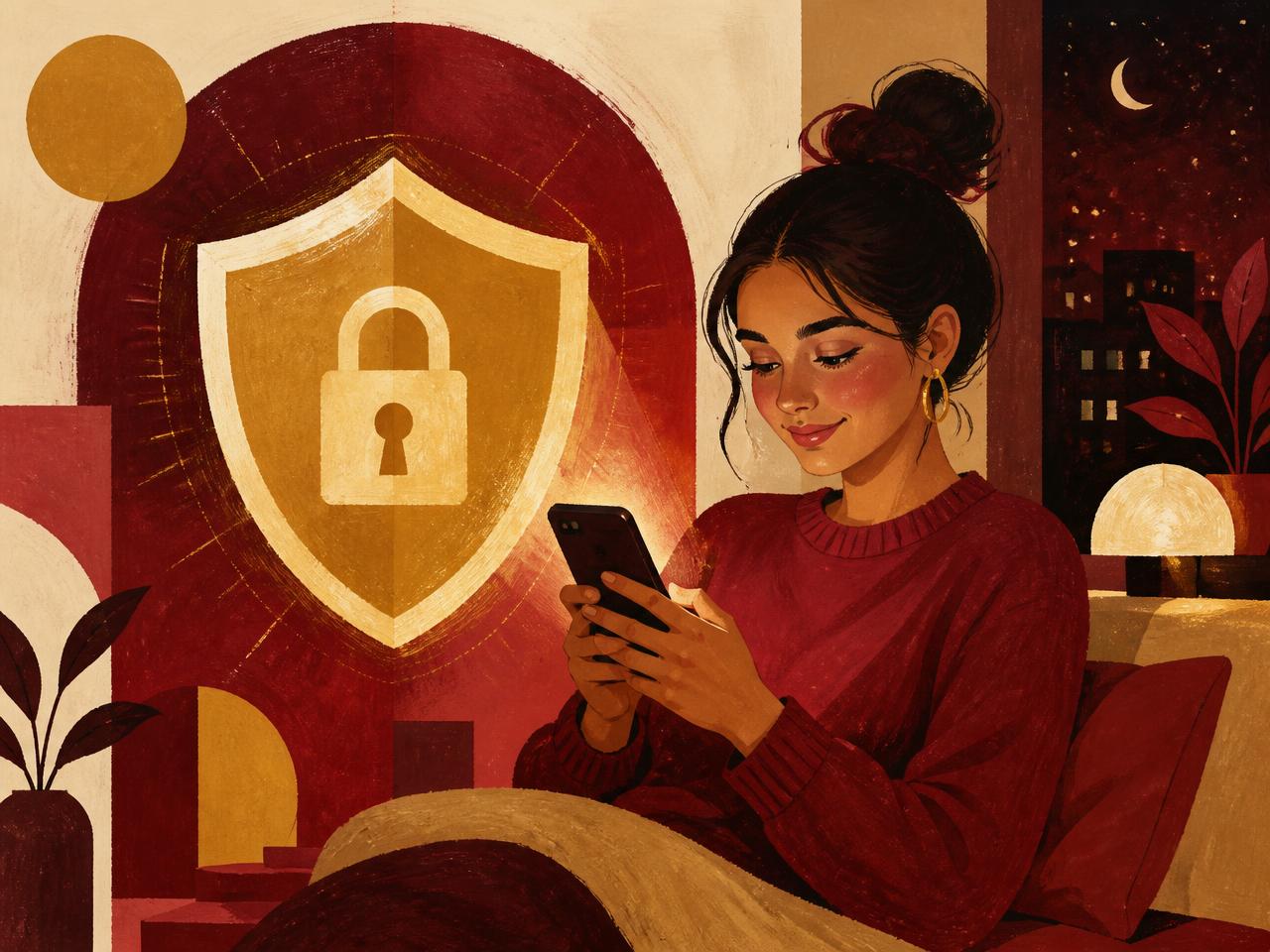 Illustration of a woman smiling calmly at her phone beside a glowing shield and lock